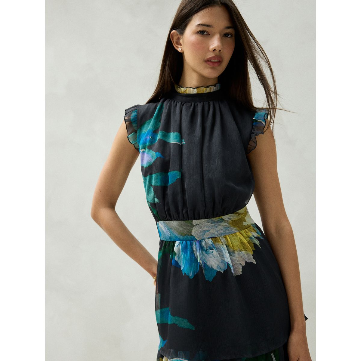 Robe de cérémonie longue imprimée à volants imprimé floral bleu marine, NEXT