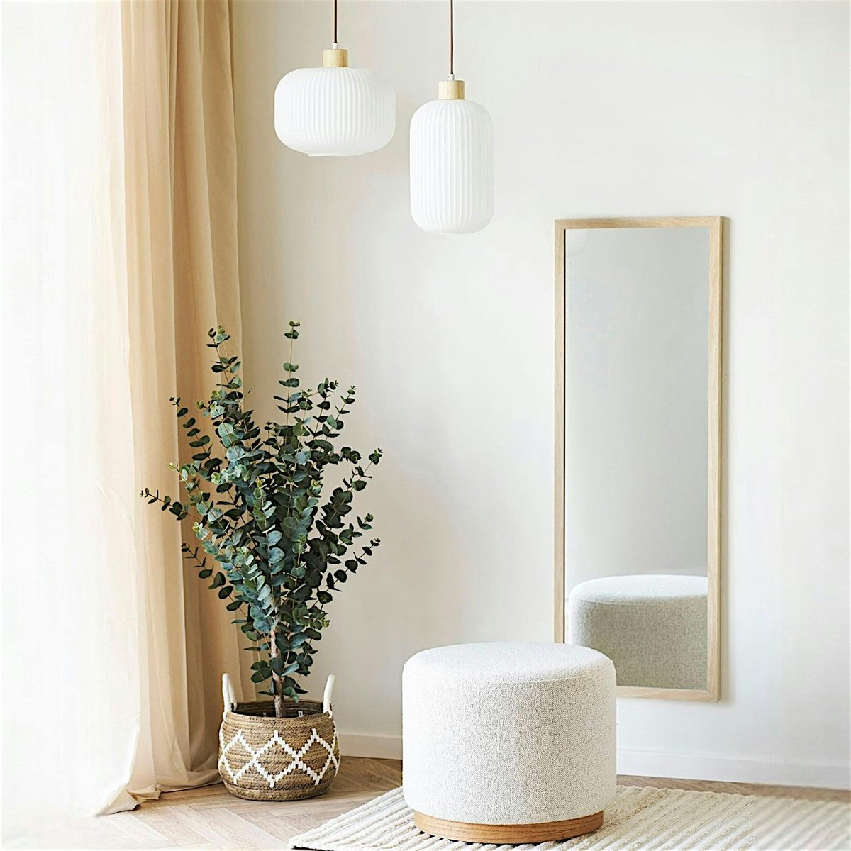 Pouf rond bouclette sable et bois clair BERLIN beige, PIER IMPORT