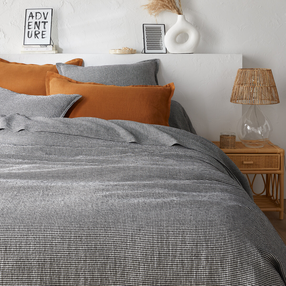 Linot Check Washed Linen Duvet Cover black gingham check, LA REDOUTE INTERIEURS