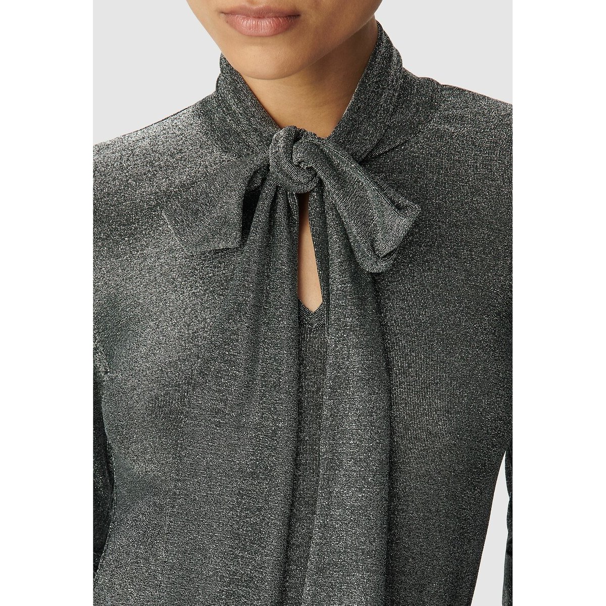 Long Sleeve Pussy-Bow Collar Metallic Knit T-Shirt chalk, IKKS