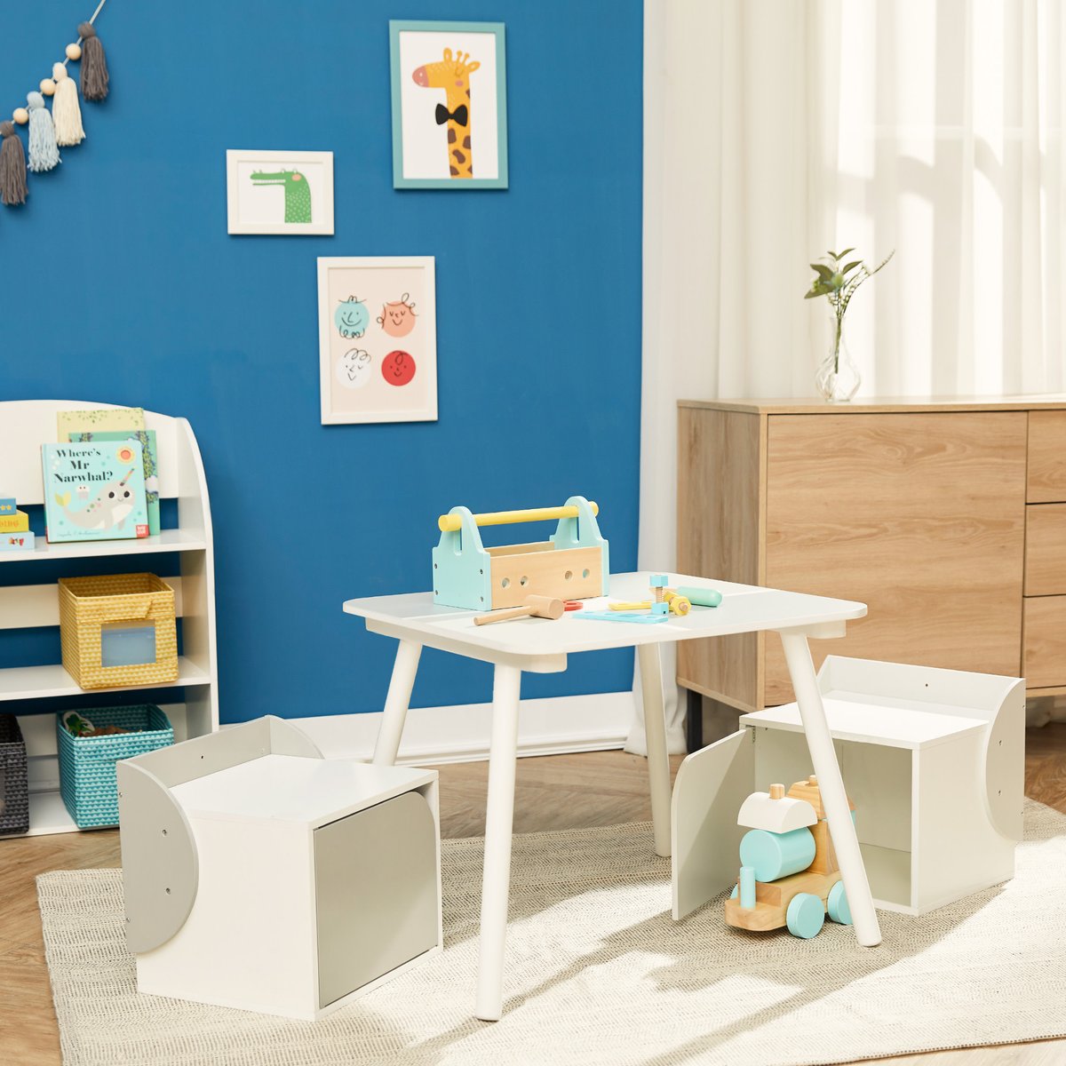 Ensemble table et 2 chaises enfant avec rangements intégrés, Gris couleur unique, TEAMSON KIDS