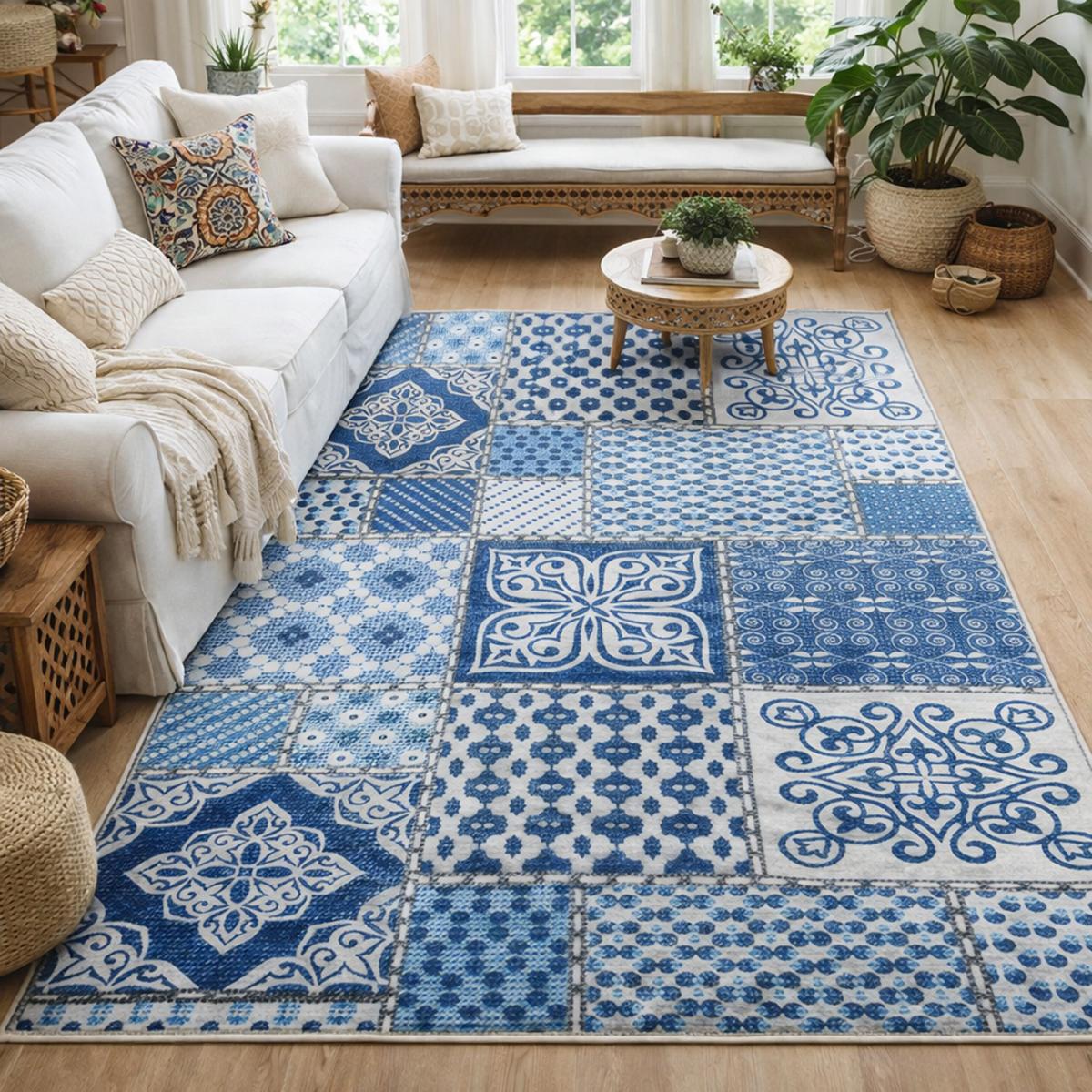 Tapis salon LYN11 6MEN facile d'entretien bleu, blanc, gris, UN AMOUR DE TAPIS