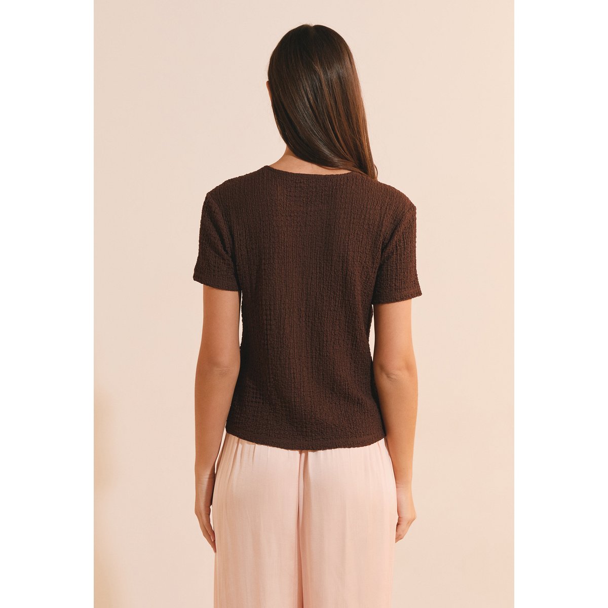 T-shirt manches courtes gaufré AUDREY chocolat, ETAM