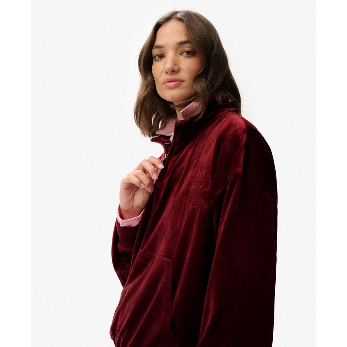 Haut en velours à col zippé Country Club rouge stanton, SUPERDRY