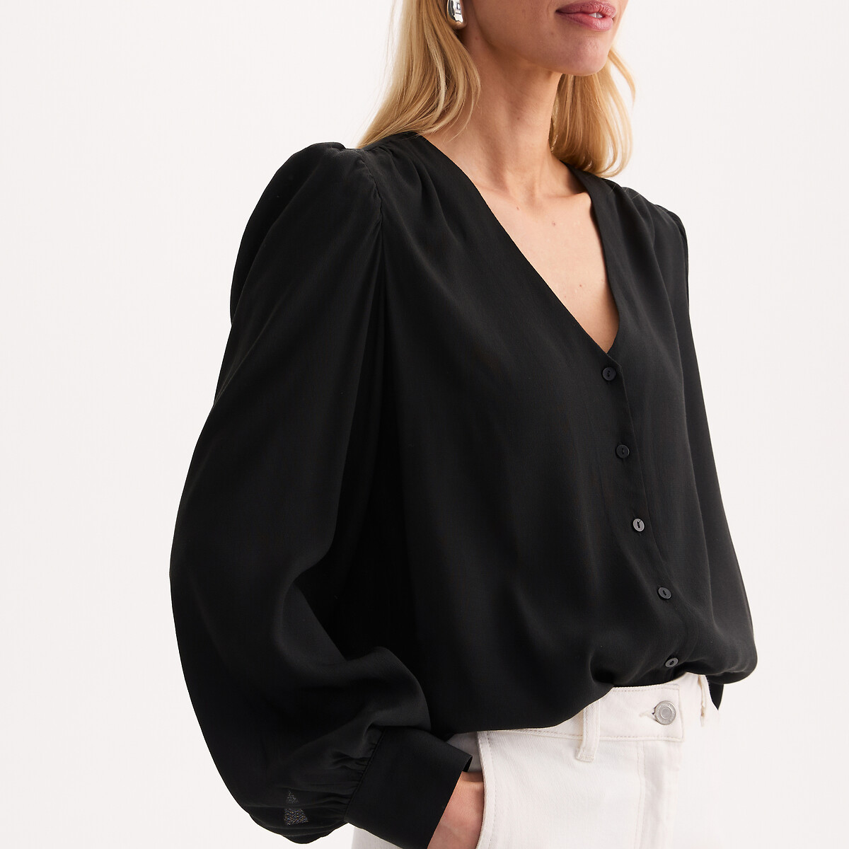 Blouse col V, manches longues noir, ANNE WEYBURN