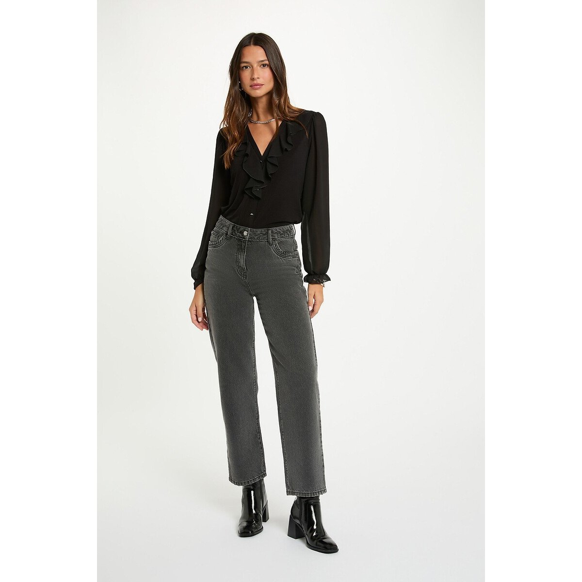 T-shirt voile col v noir, MORGAN