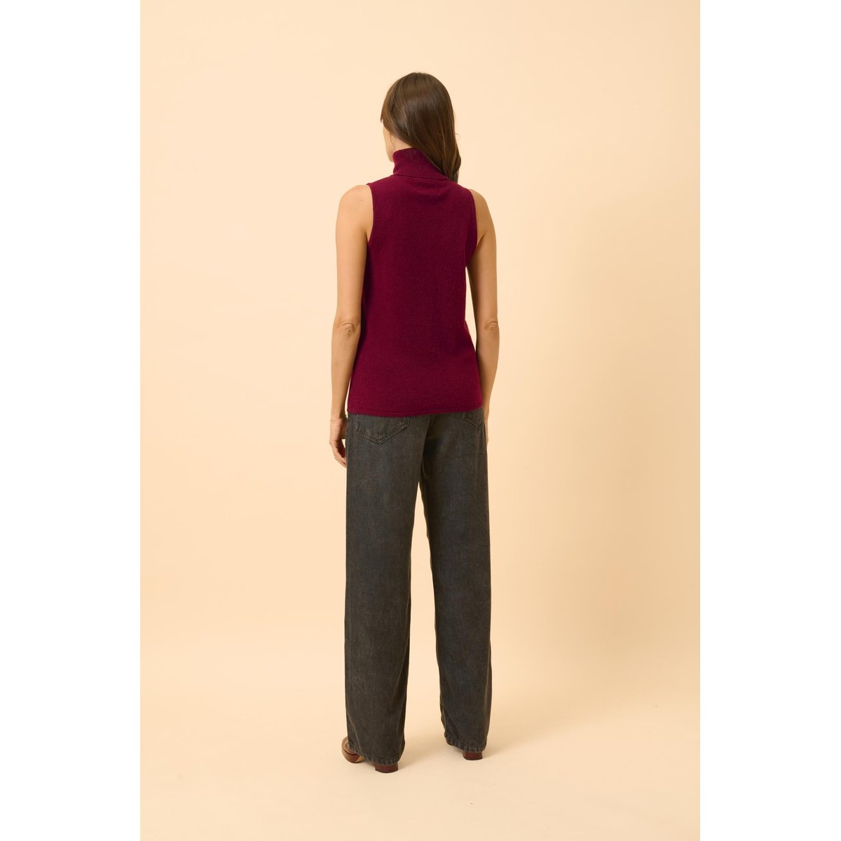 Pull Col Roulé Sans Manches Bordeaux Violet bordeaux, JUST CASHMERE