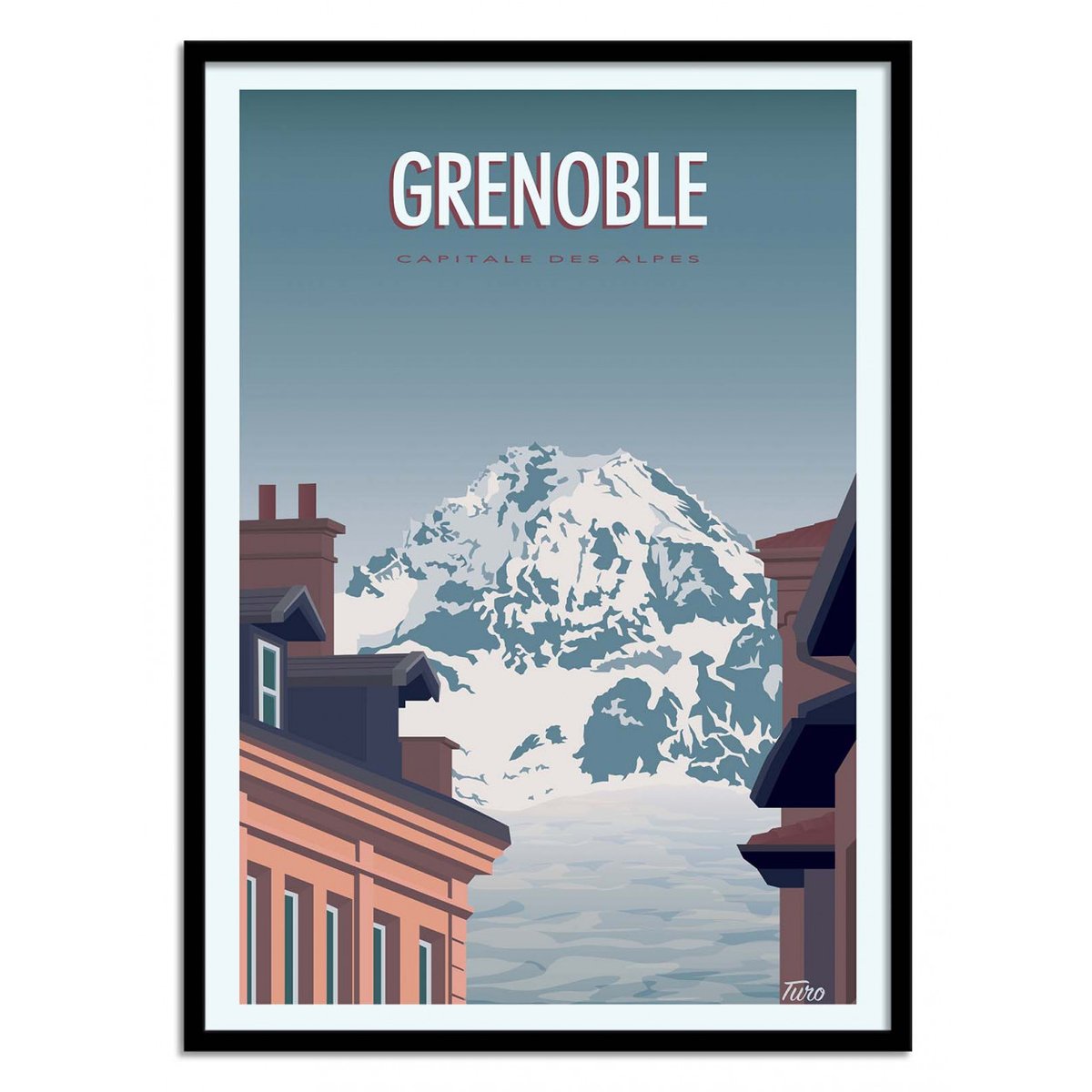 Affiche d'art - Grenoble - Turo affiche d'art avec cadre bois noir, WALL EDITIONS