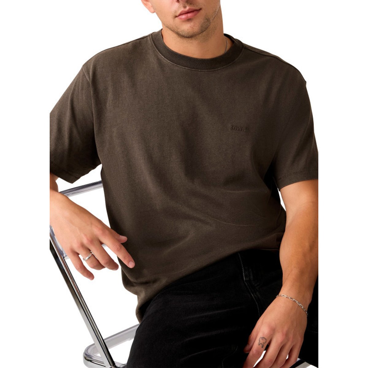 T-shirt en coton marron à coupe droite pourvu d'un large col rond marron, LEVI'S