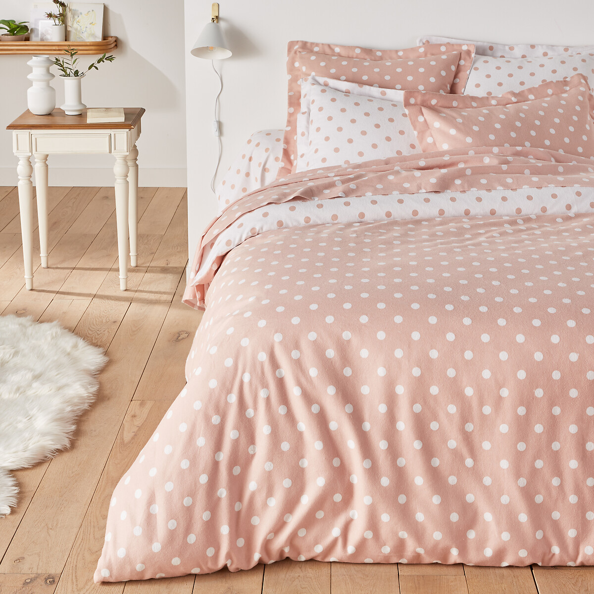 Housse de couette flanelle imprimée pois, Clarisse nude/blanc, LA REDOUTE INTERIEURS