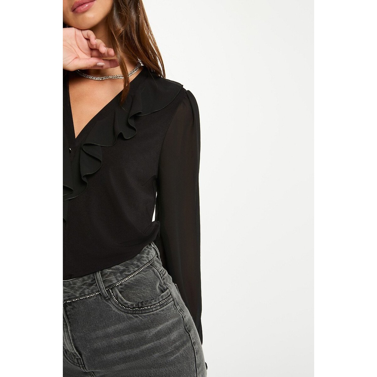 T-shirt voile col v noir, MORGAN