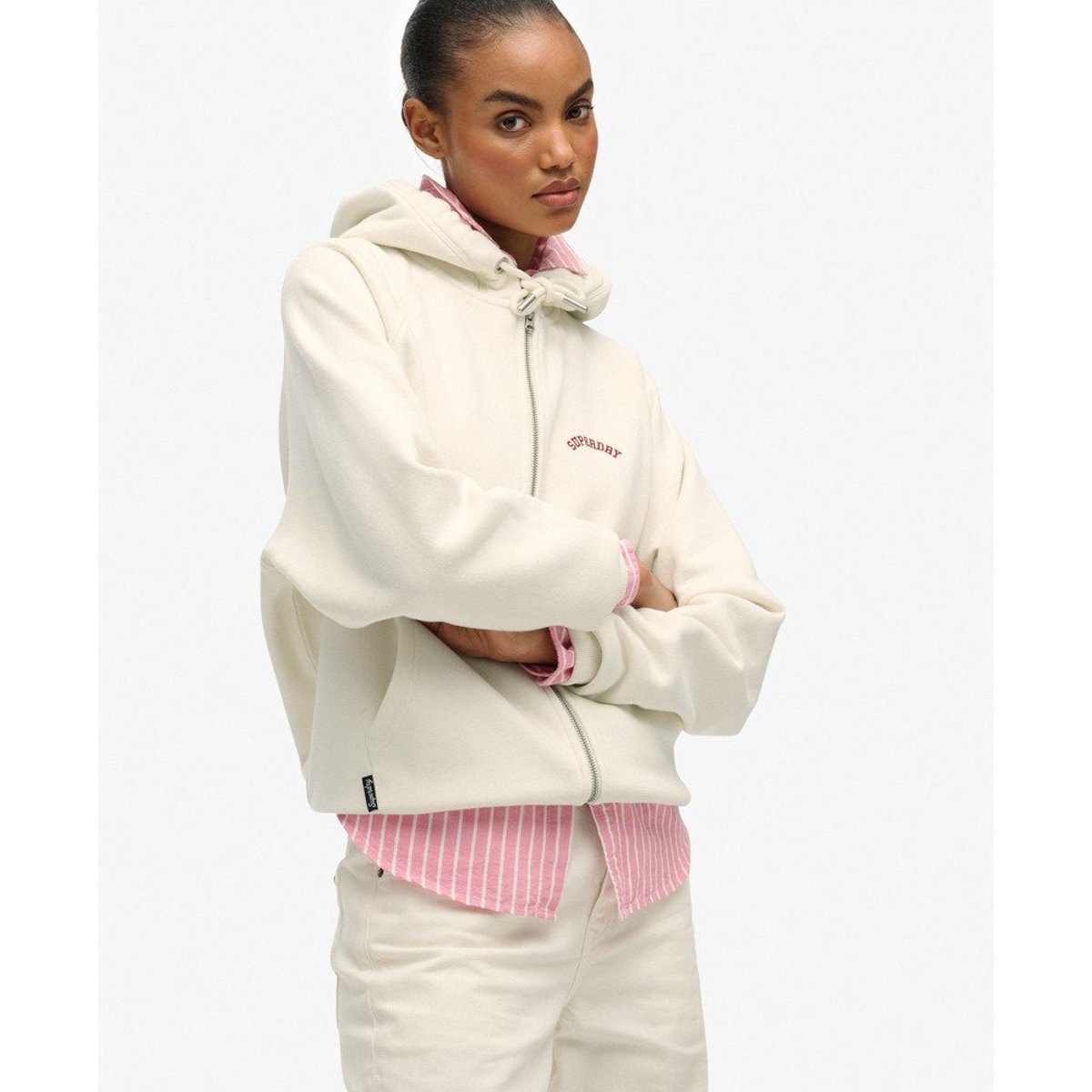 Sweat à capuche zippé Essential Logo Raglan blanc cassé os du désert, SUPERDRY