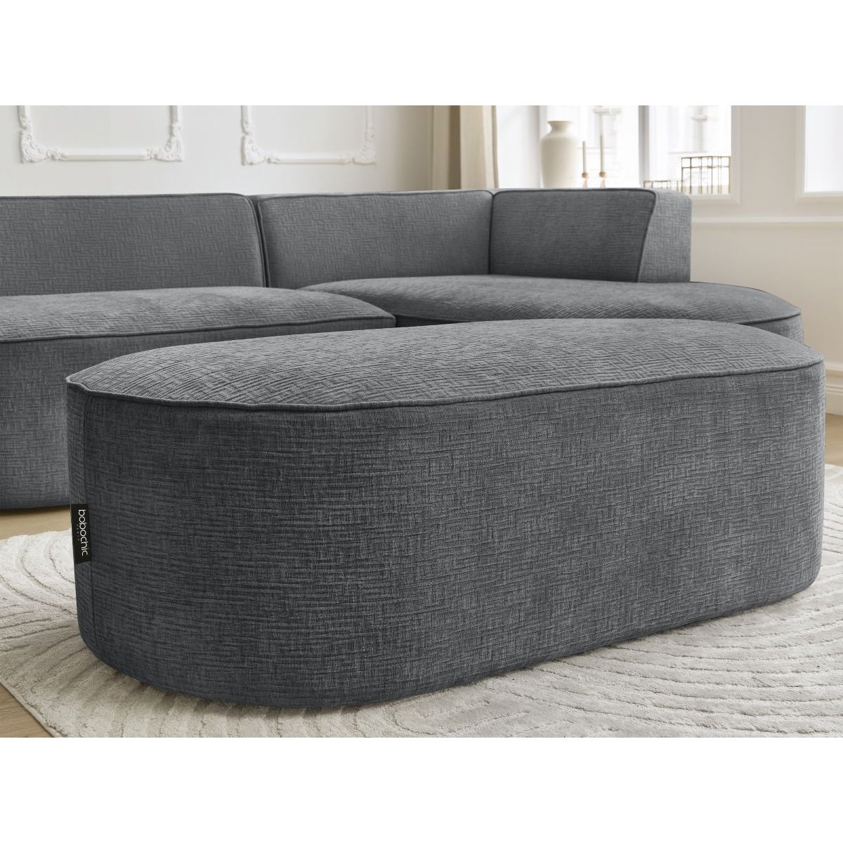 Canapé d'angle fixe 5 places en tissu texturé avec pouf, ROUSSEAU gris foncé, BOBOCHIC