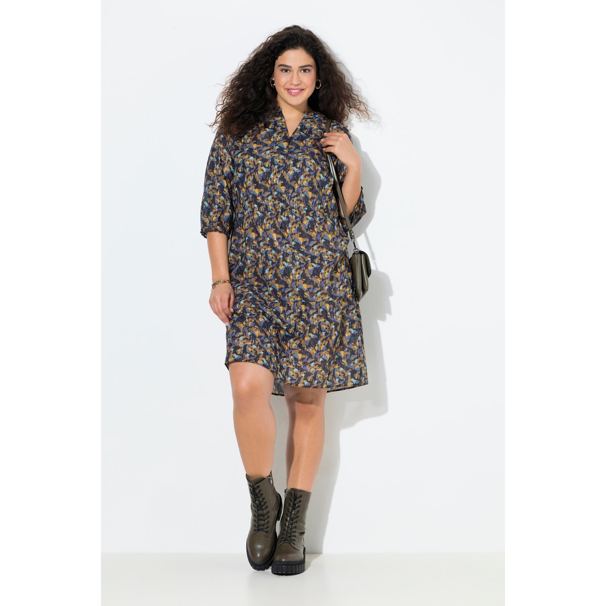 Robe évasée à col en V et manches 3/4 bleu encre, ULLA POPKEN