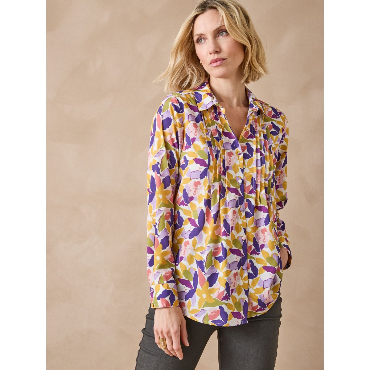Chemisier effet plastron manches longues imprimé fleurs multico, DAXON