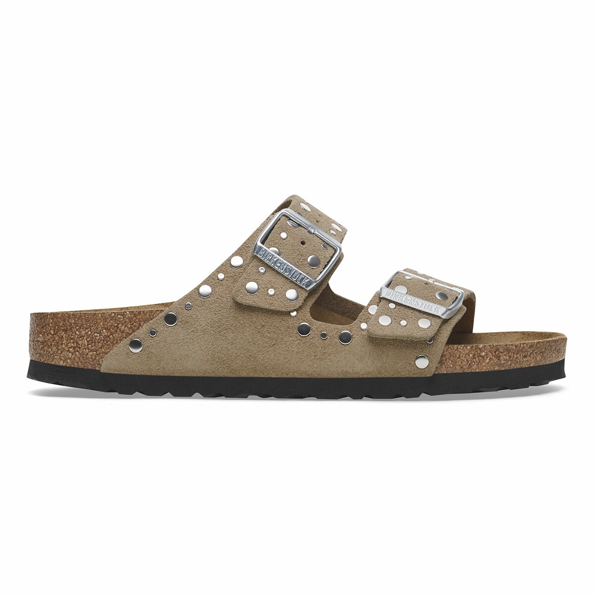 Mules doubles brides en cuir suédé Arizona Rivet taupe, BIRKENSTOCK