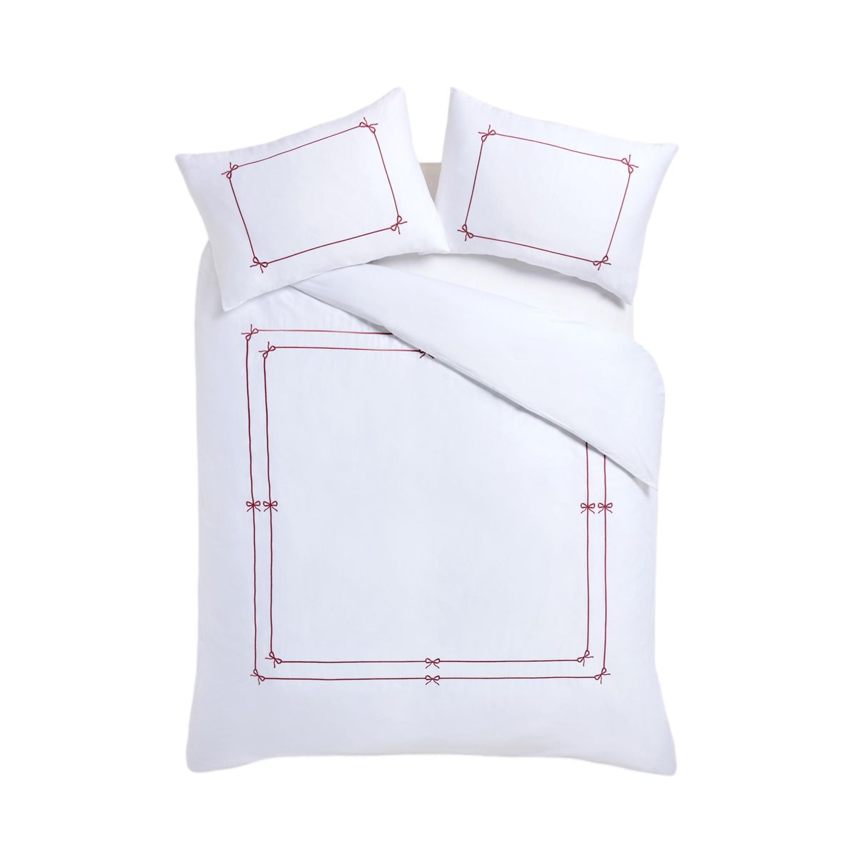 Parure housse satin brodé 200 fils nœuds blancs/rouges, NEXT