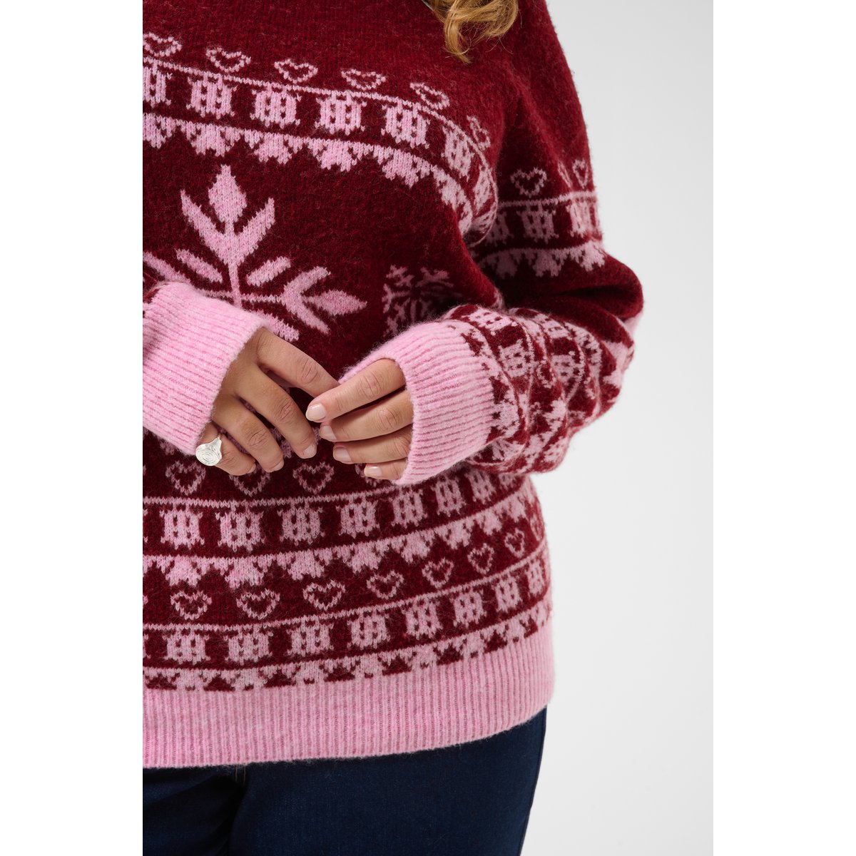 Pull en maille manches longues rouge rose red/pink christmas knit, KAFFE CURVE