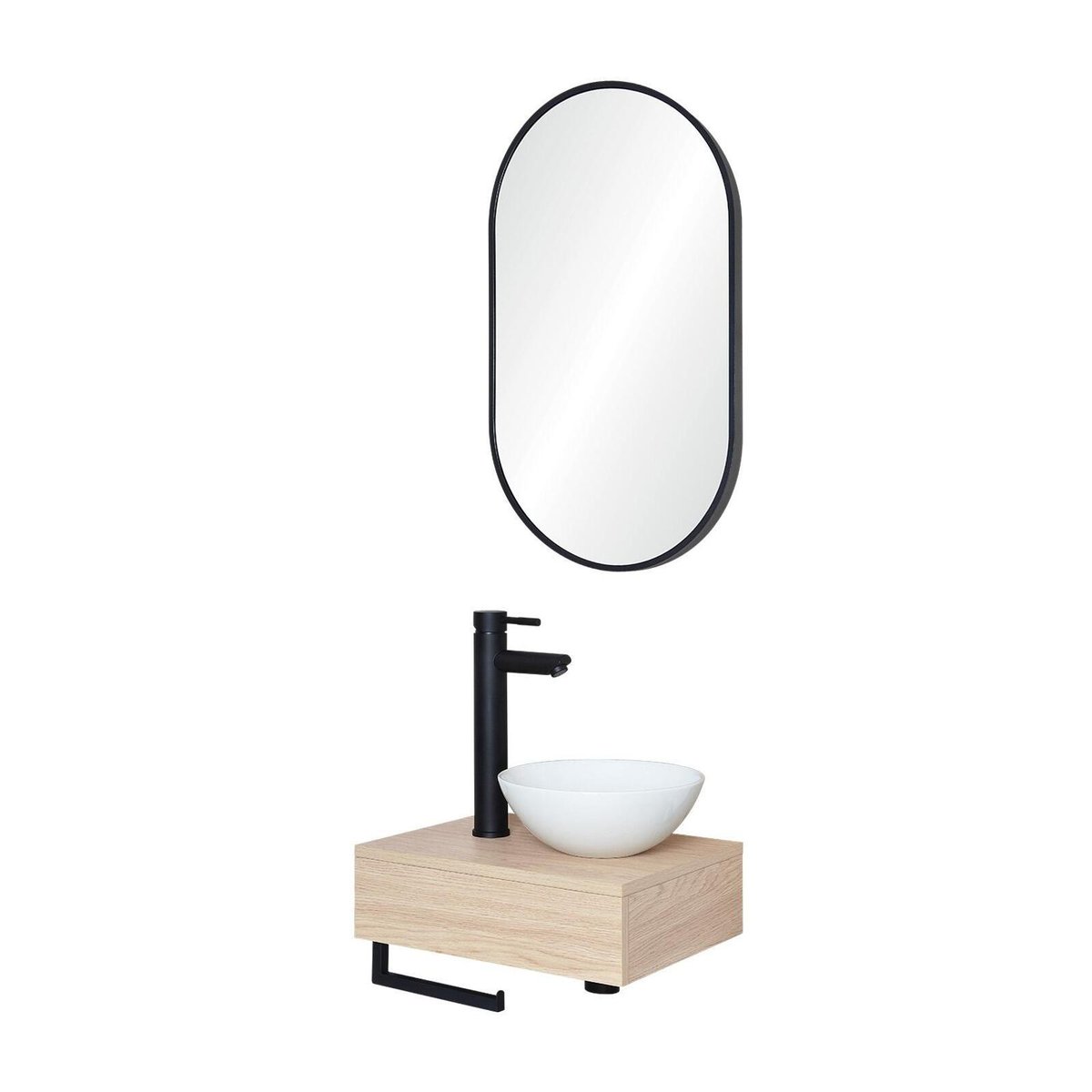 Lave-mains épais +vasque+robinet+miroir SOHO décor chêne, MOB IN
