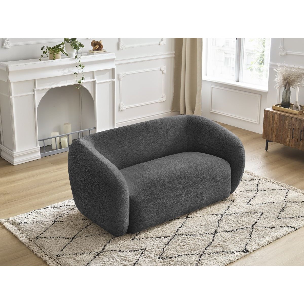 Canapé droit fixe 2 places en tissu texturé, CELINE gris foncé, BOBOCHIC