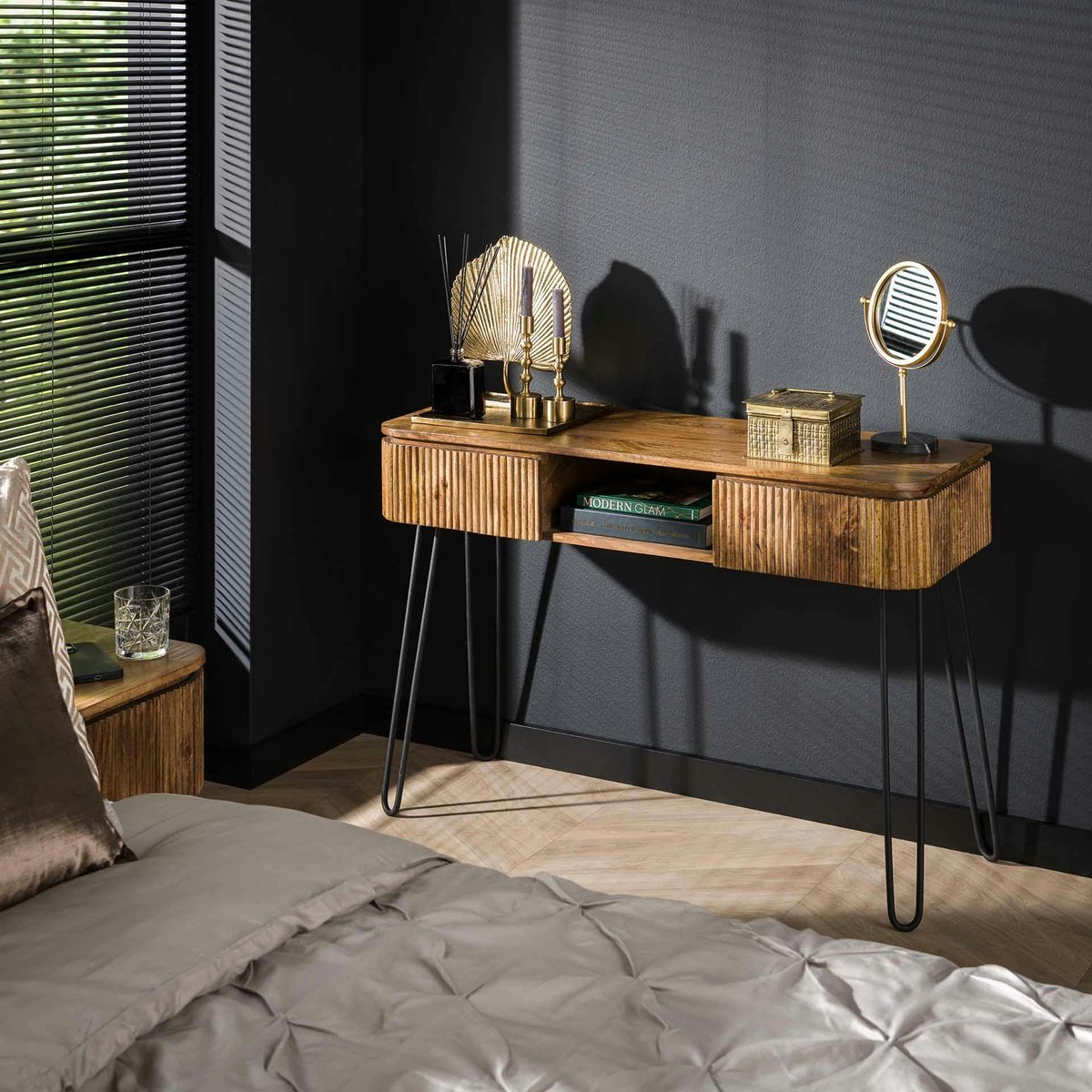 Console de chambre en bois de manguier motif baguette 2 tiroirs DELHI bois naturel, PIER IMPORT