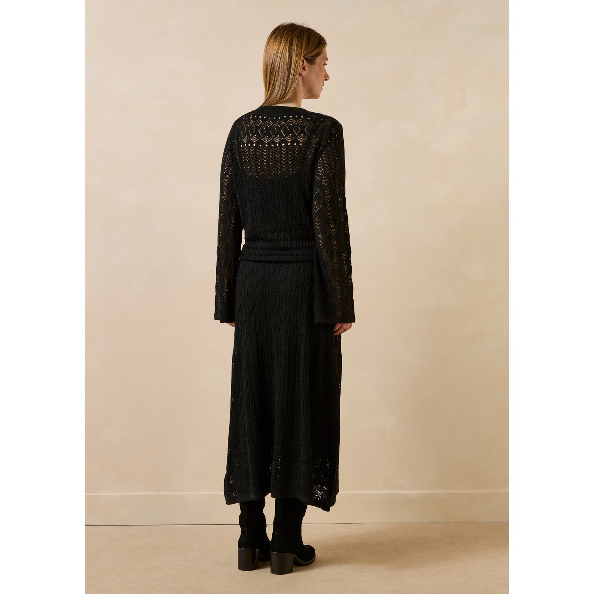 Robe ajustée en maille ajourée manches longues noir, LA FEE MARABOUTEE