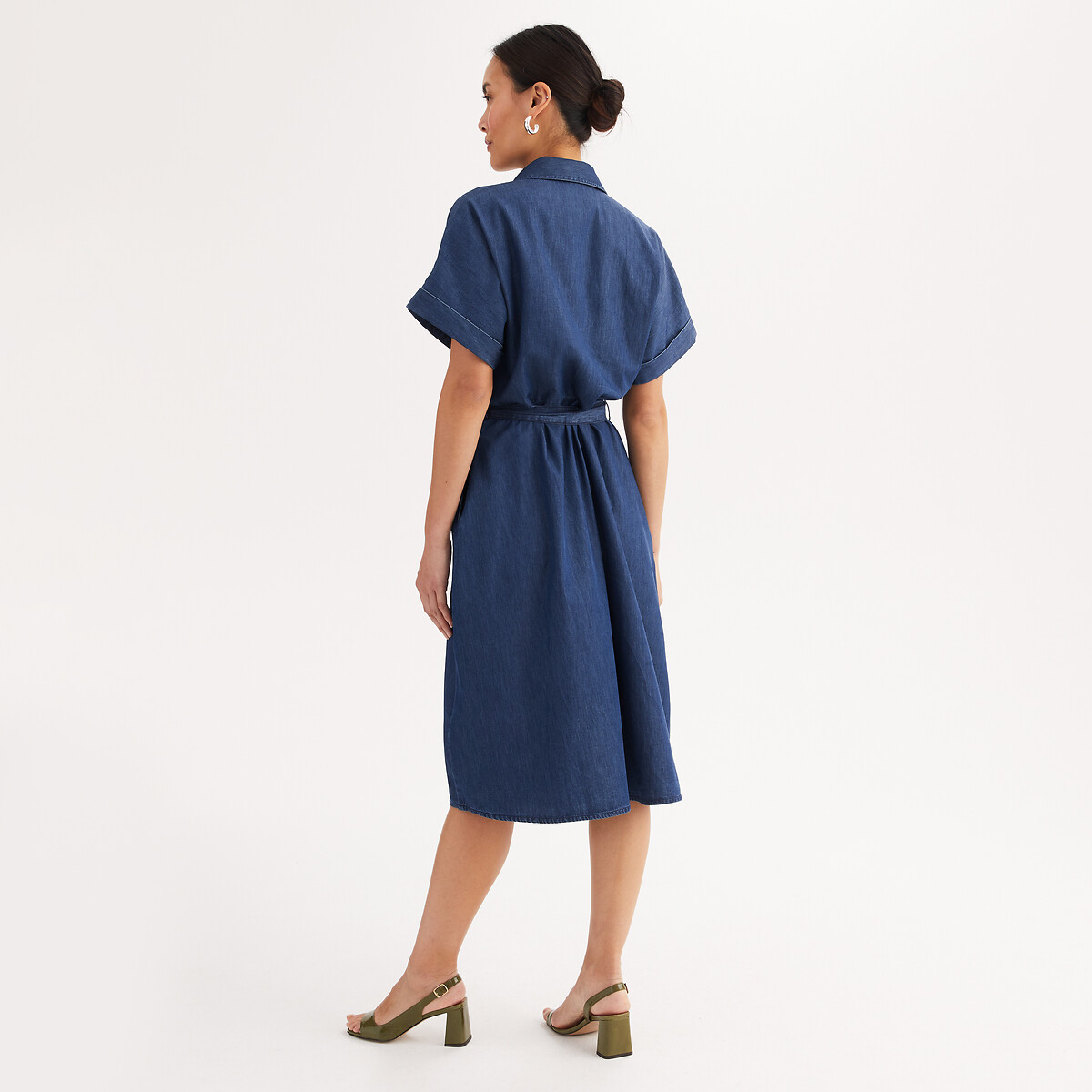 Robe évasée, longue, manches courtes, en denim light denim brut, ANNE WEYBURN