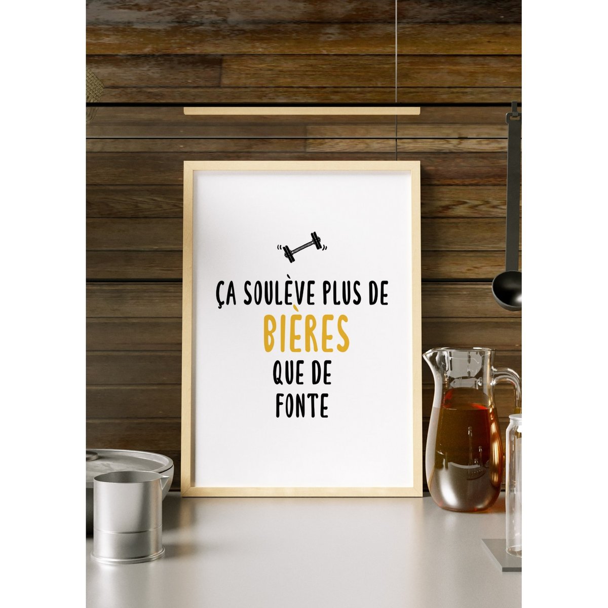 Affiche 'Ça soulève plus de bières que de fonte' blanc, L'AFFICHERIE