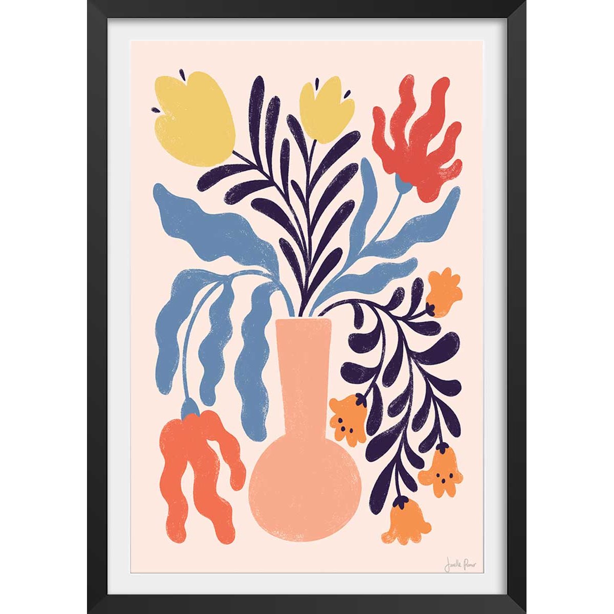 Poster julie fleurs affiche + cadre en bois - noir, HEXOA