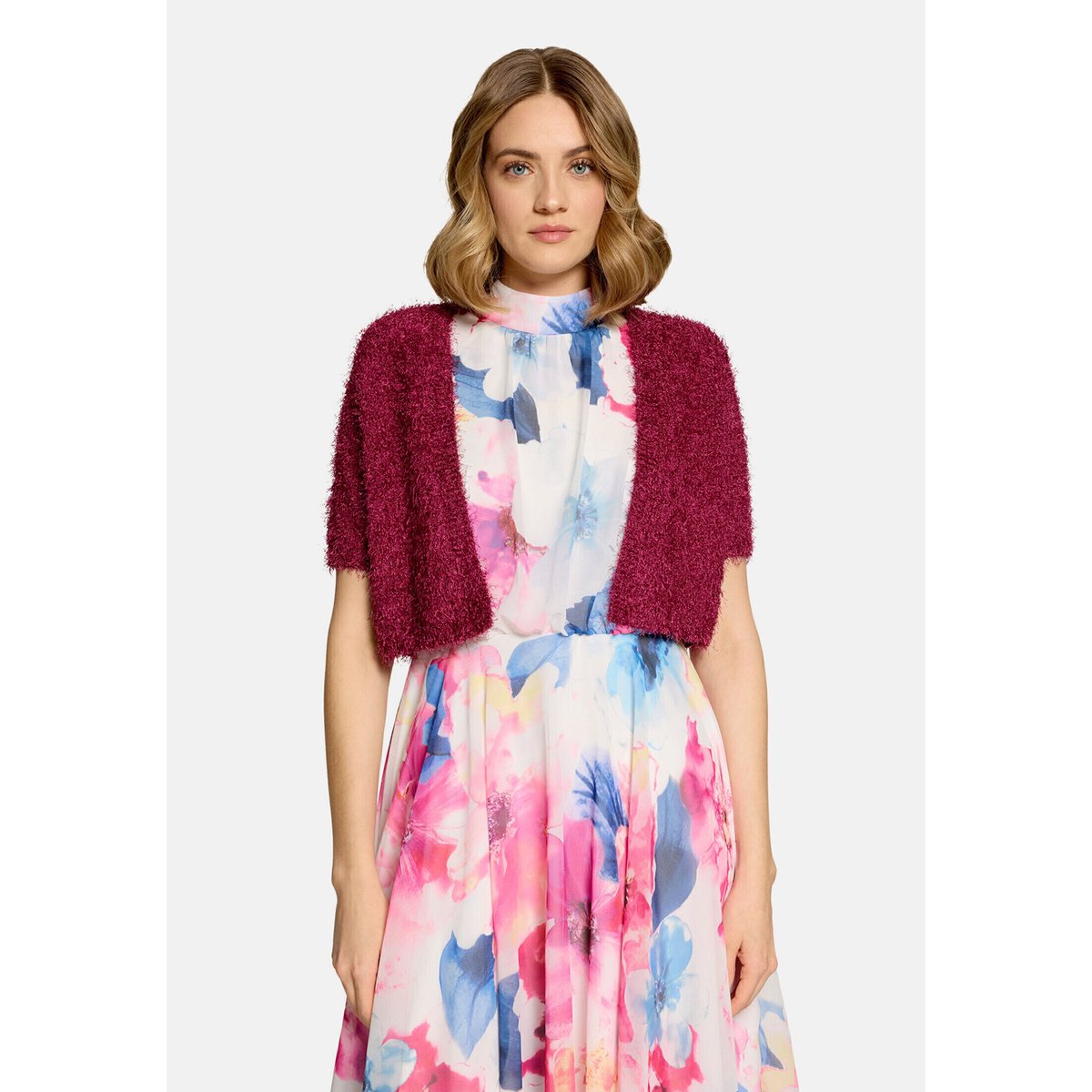 Cardigan en maille d'été à teneur en fil fantaisie dark fuchsia, VERA MONT