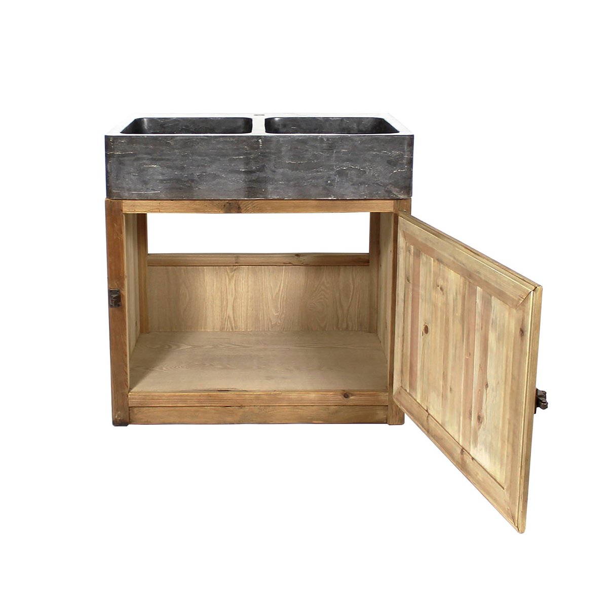 Meuble bas de cuisine en bois recyclé et pierre bleue CHAMPÊTRE bois clair, MADE IN MEUBLES