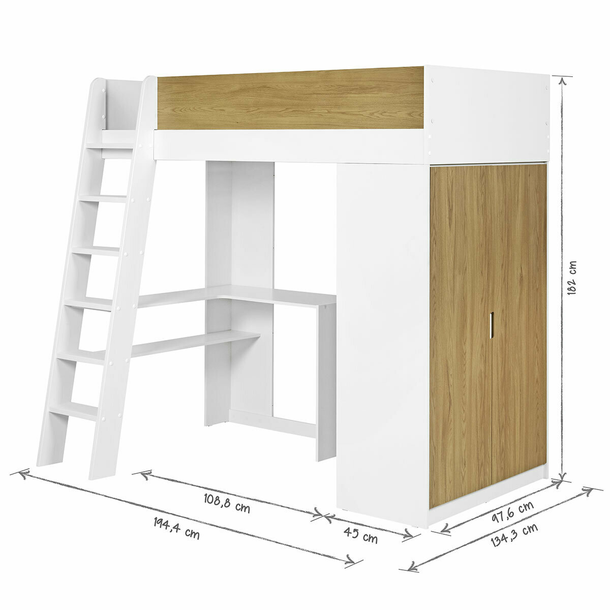 Pack lit mezzanine avec matelas MEMPHIS blanc et bois, AKITEN RETAIL