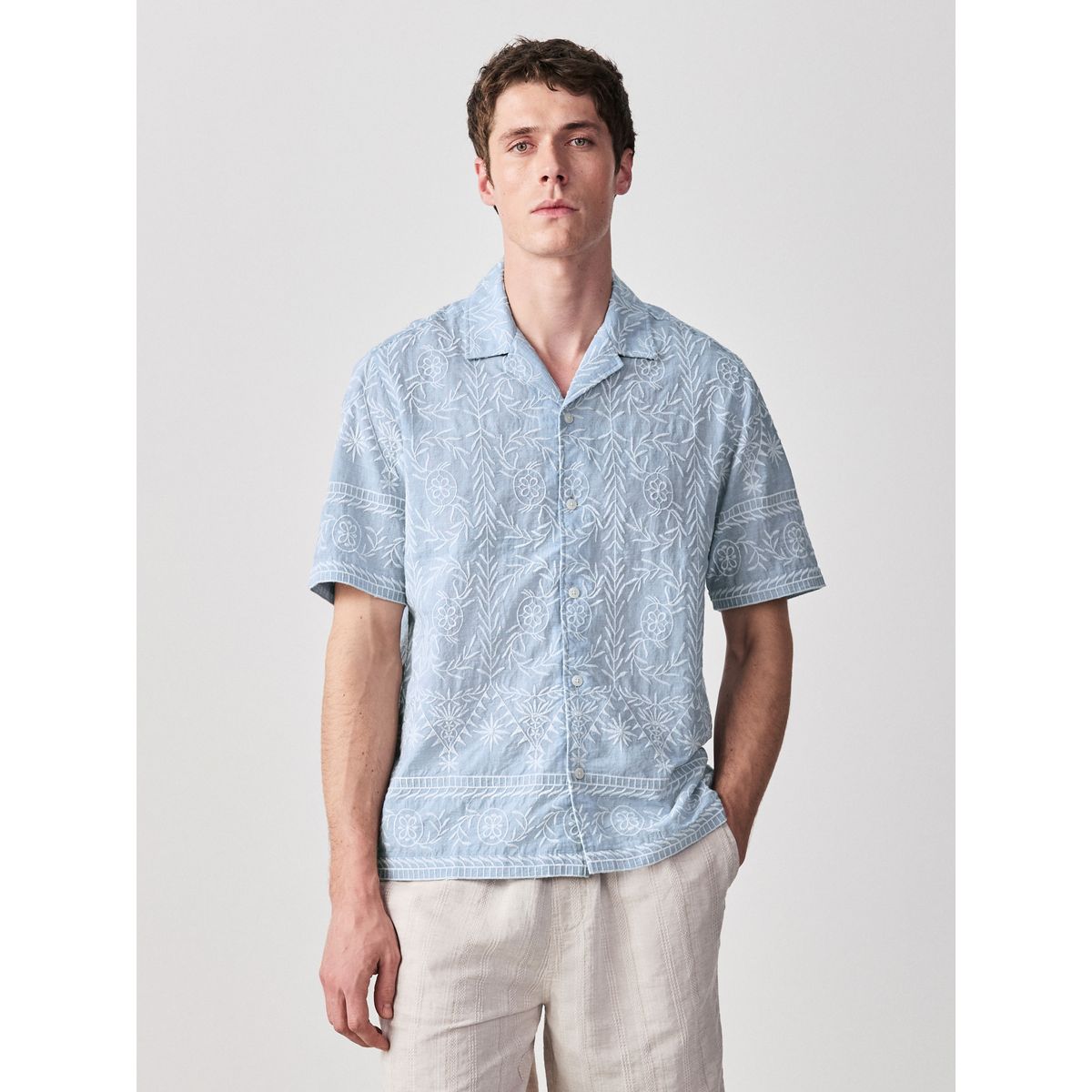 Chemise en chambray texturé à manches courtes bleu, NEXT