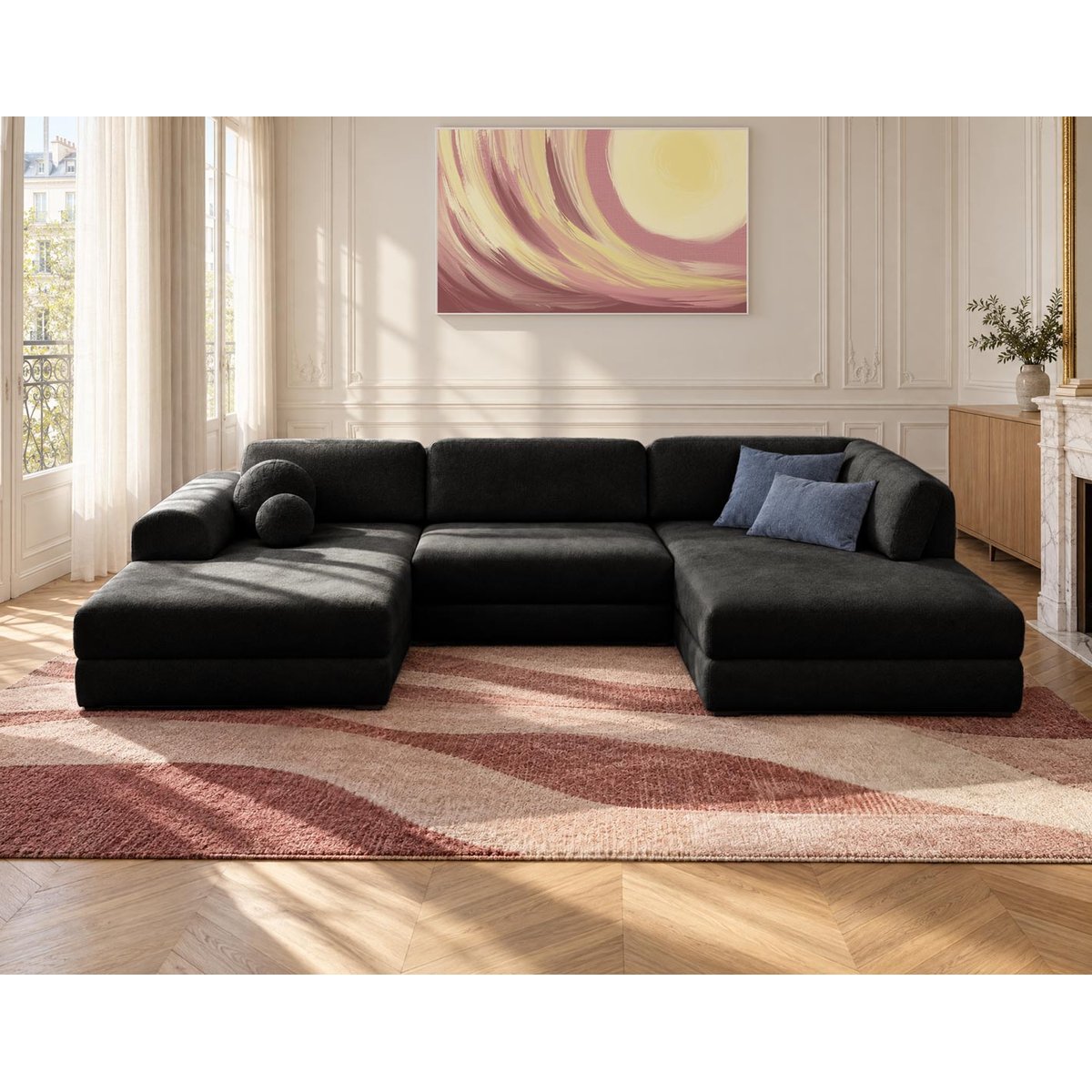 Canapé panoramique en U 7 places convertible avec, APRIL noir, BEST MOBILIER