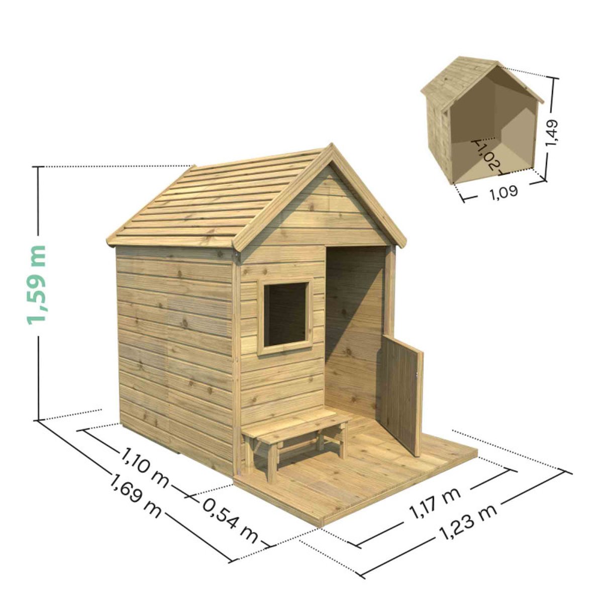 Cabane en bois traité avec terrasse et banc HEIDI marron, SOULET