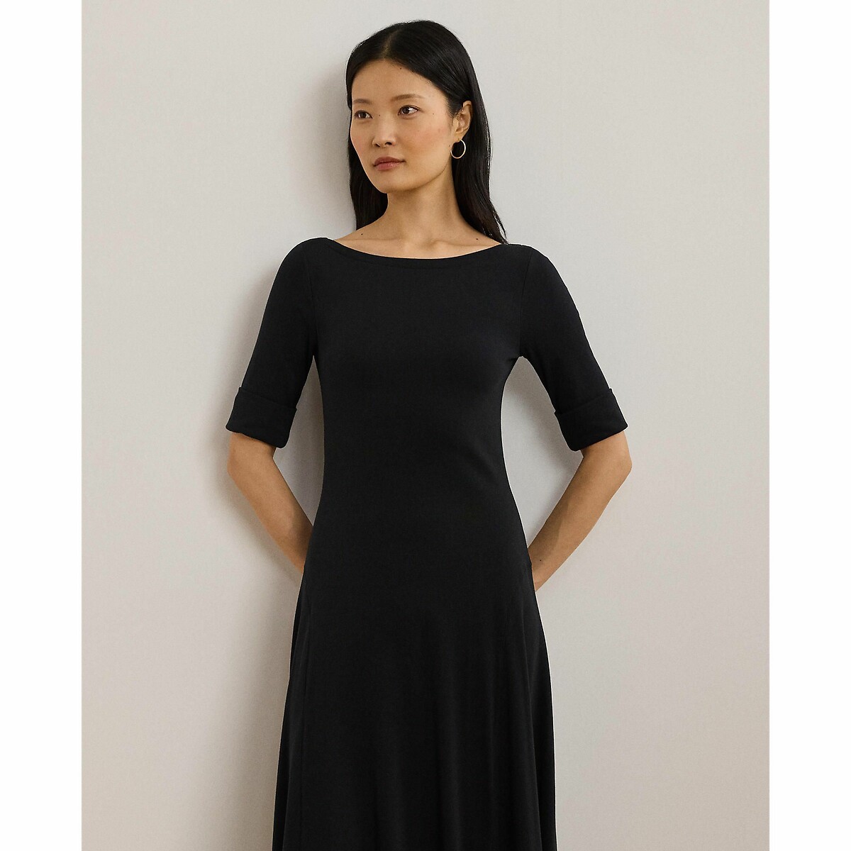 Abito longuette con collo a barchetta e maniche al gomito nero , LAUREN RALPH LAUREN