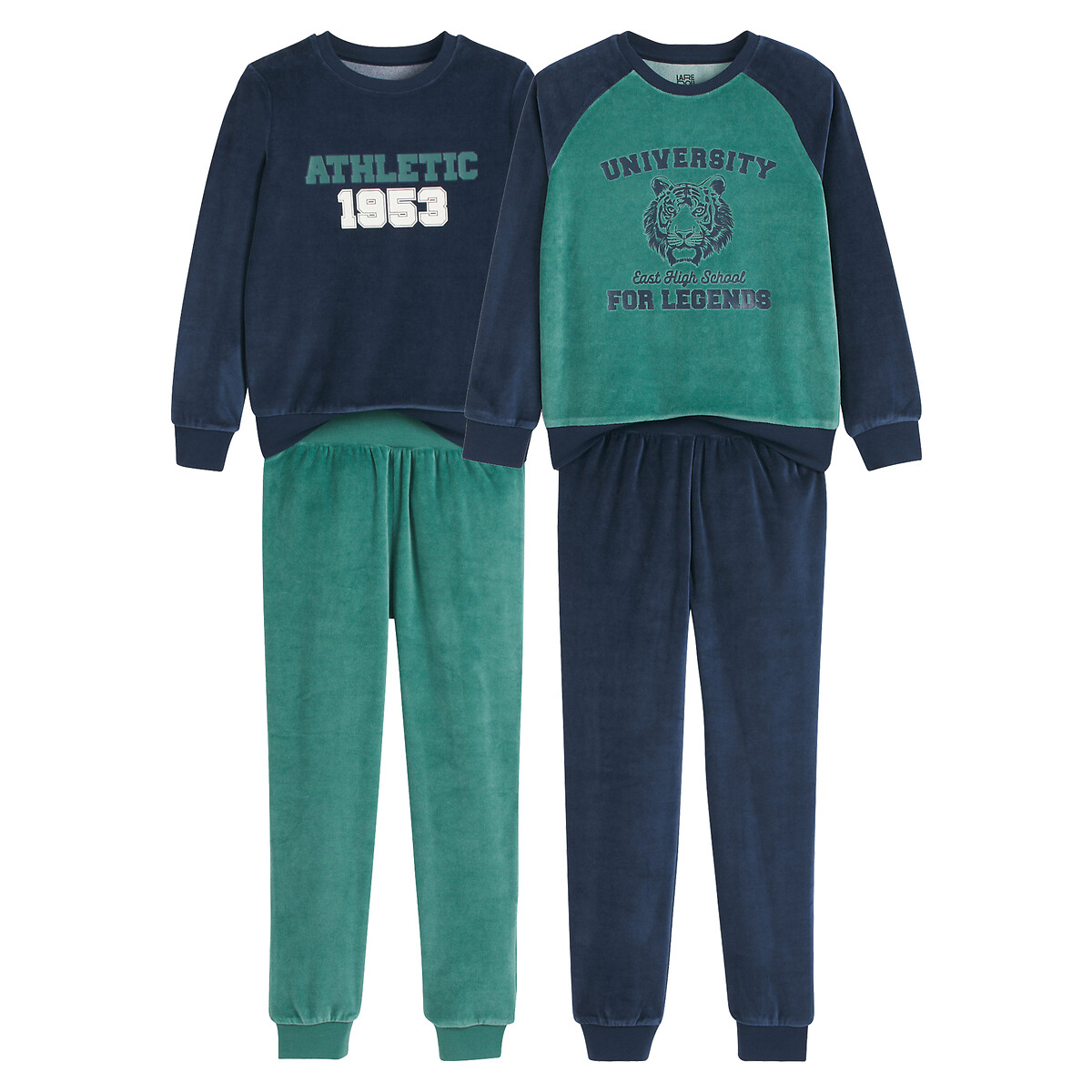 Lot de 2 pyjamas en velours, motif esprit campus vert + bleu marine, LA REDOUTE COLLECTIONS
