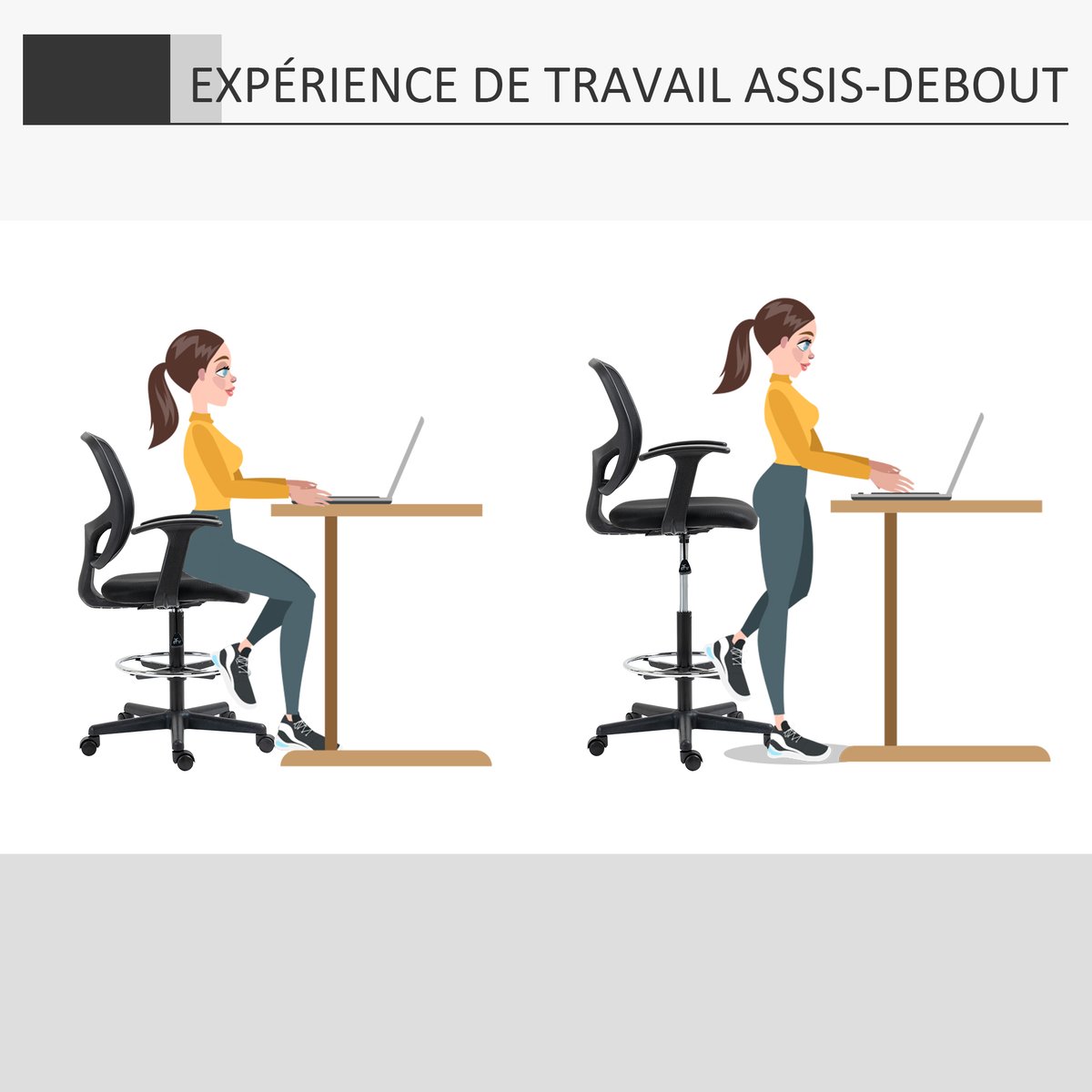 Chaise de bureau pour poste de travail debout noir, HOMCOM