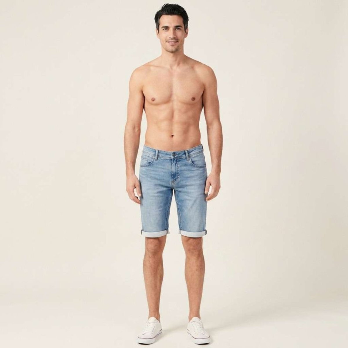 Short en coton bleu délavé avec une coupe droite et à 5 poches bleu, TEDDY SMITH