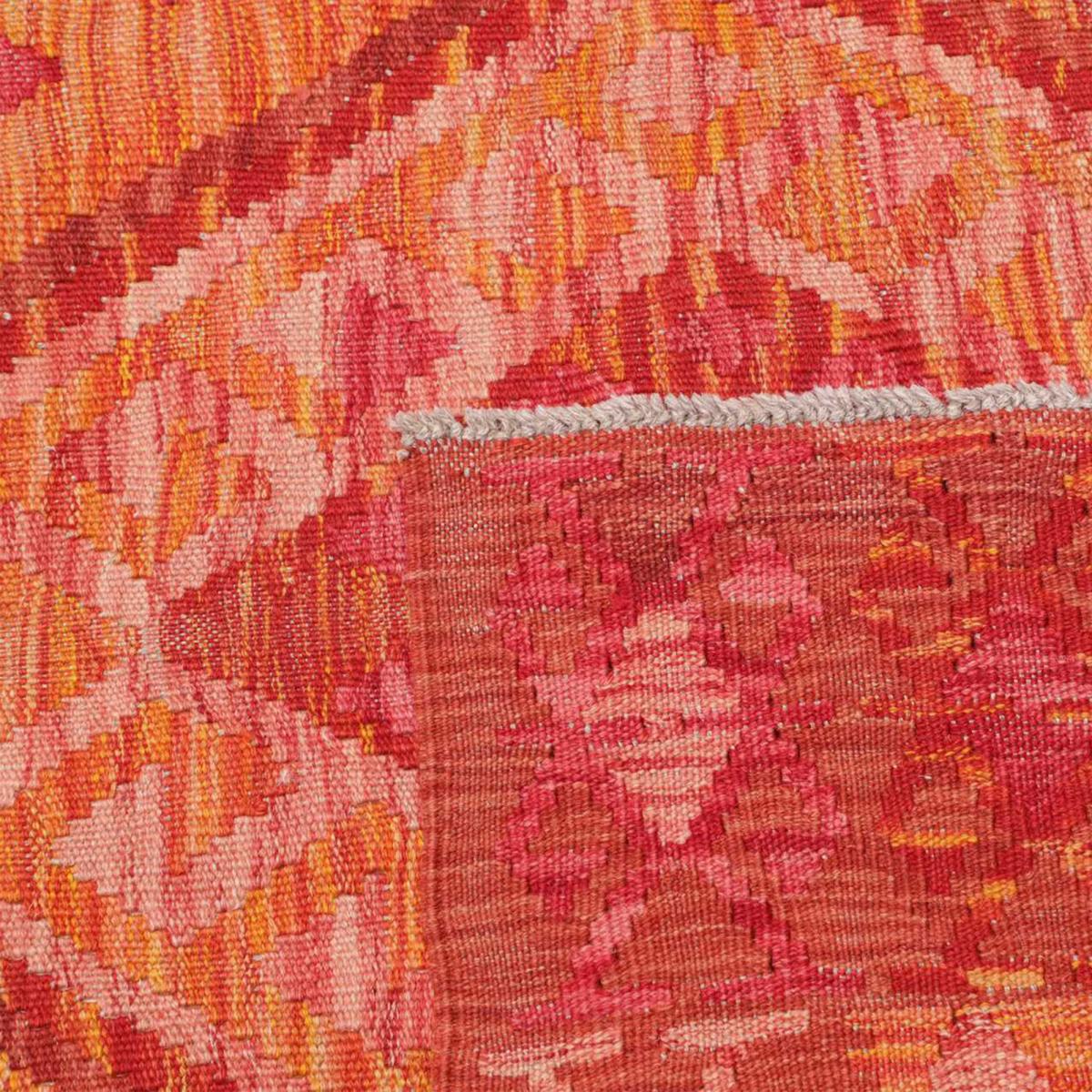 Tapis kilim, motif ethnique, tissé plat en laine, KILIM 97 orange, rose, rouge, UN AMOUR DE TAPIS