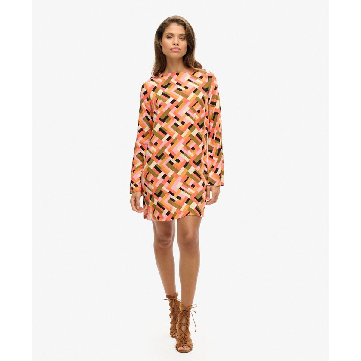 Robe courte imprimée dos ouvert quilt geo orange, SUPERDRY