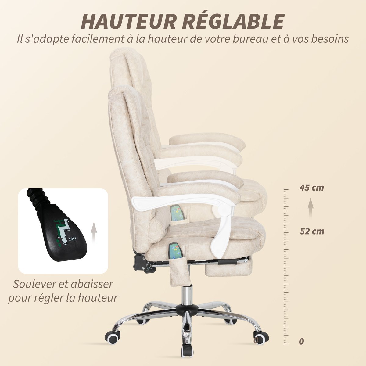 Fauteuil de bureau avec fonction massage crème, HOMCOM