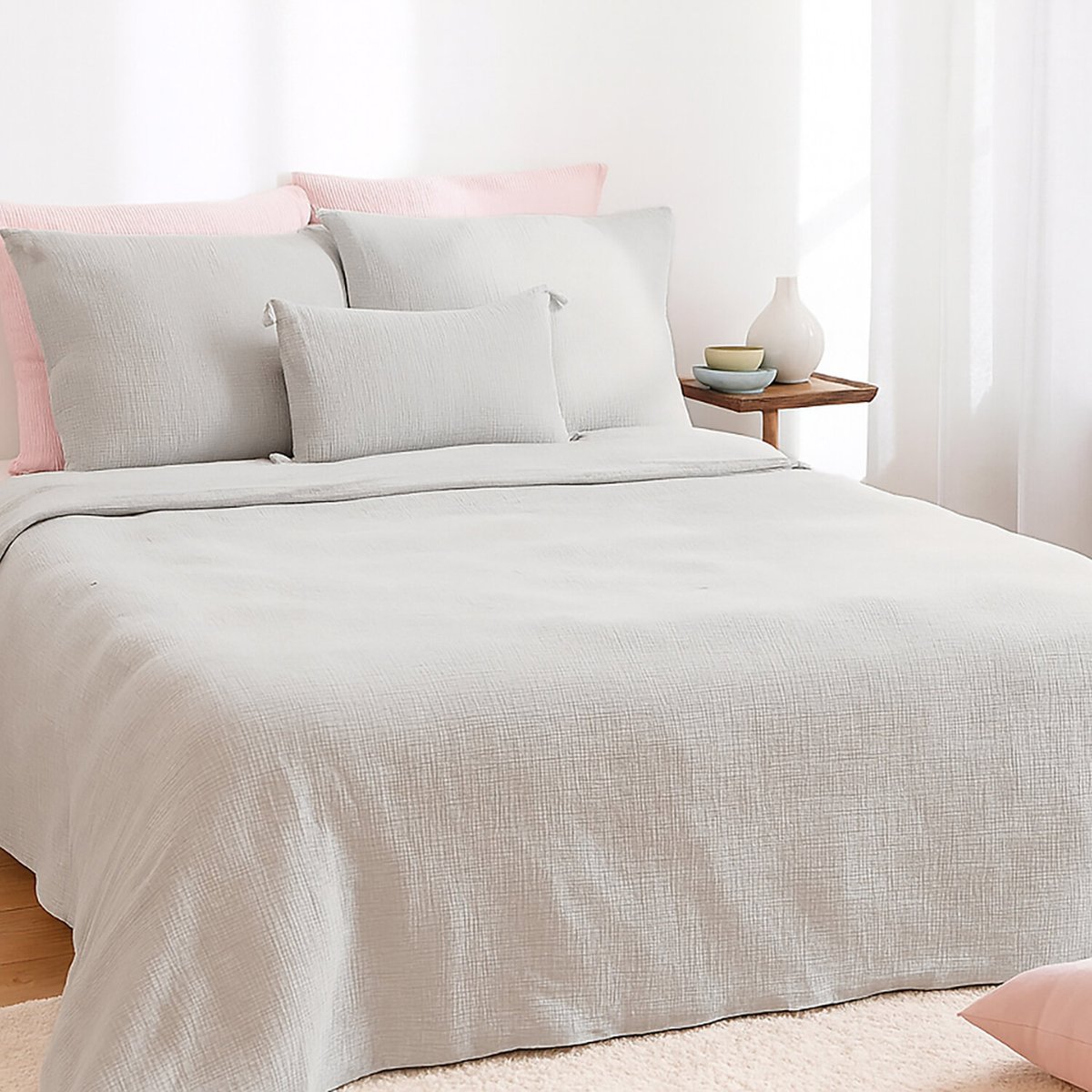 Parure housse de couette en gaze de coton unie, OZEN gris clair, C DESIGN HOME TEXTILE
