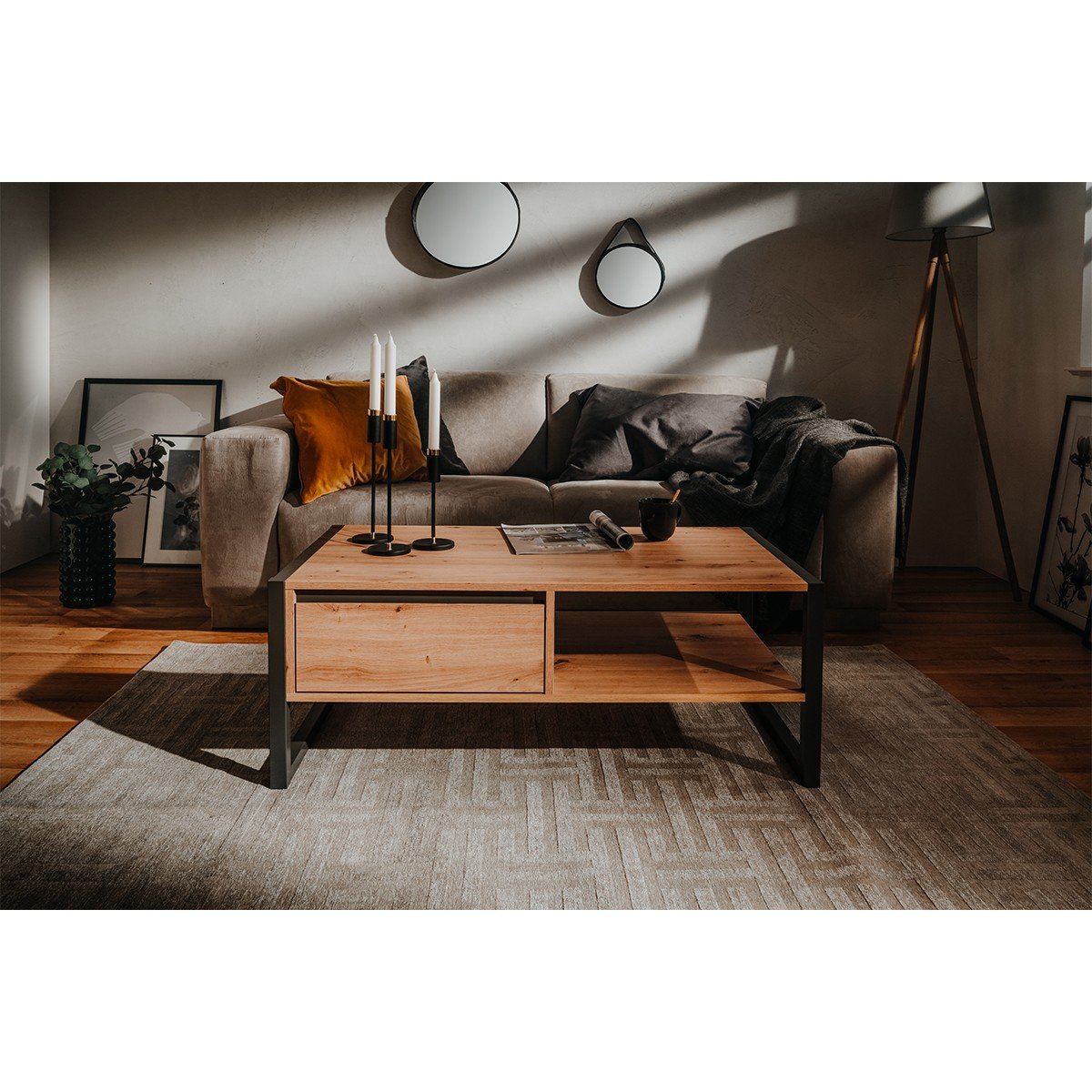 Table Basse avec Tiroir L100 cm - DENVER chêne artisan / gris, CALICOSY