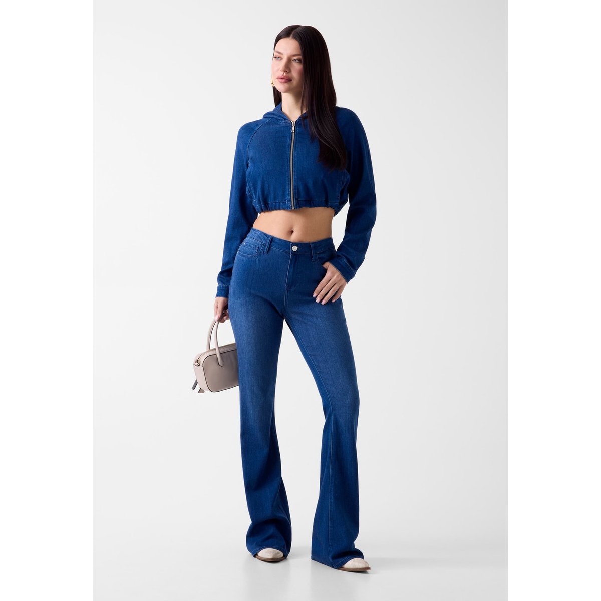 Sweat À Capuche En Denim Cropped bleu, GUESS