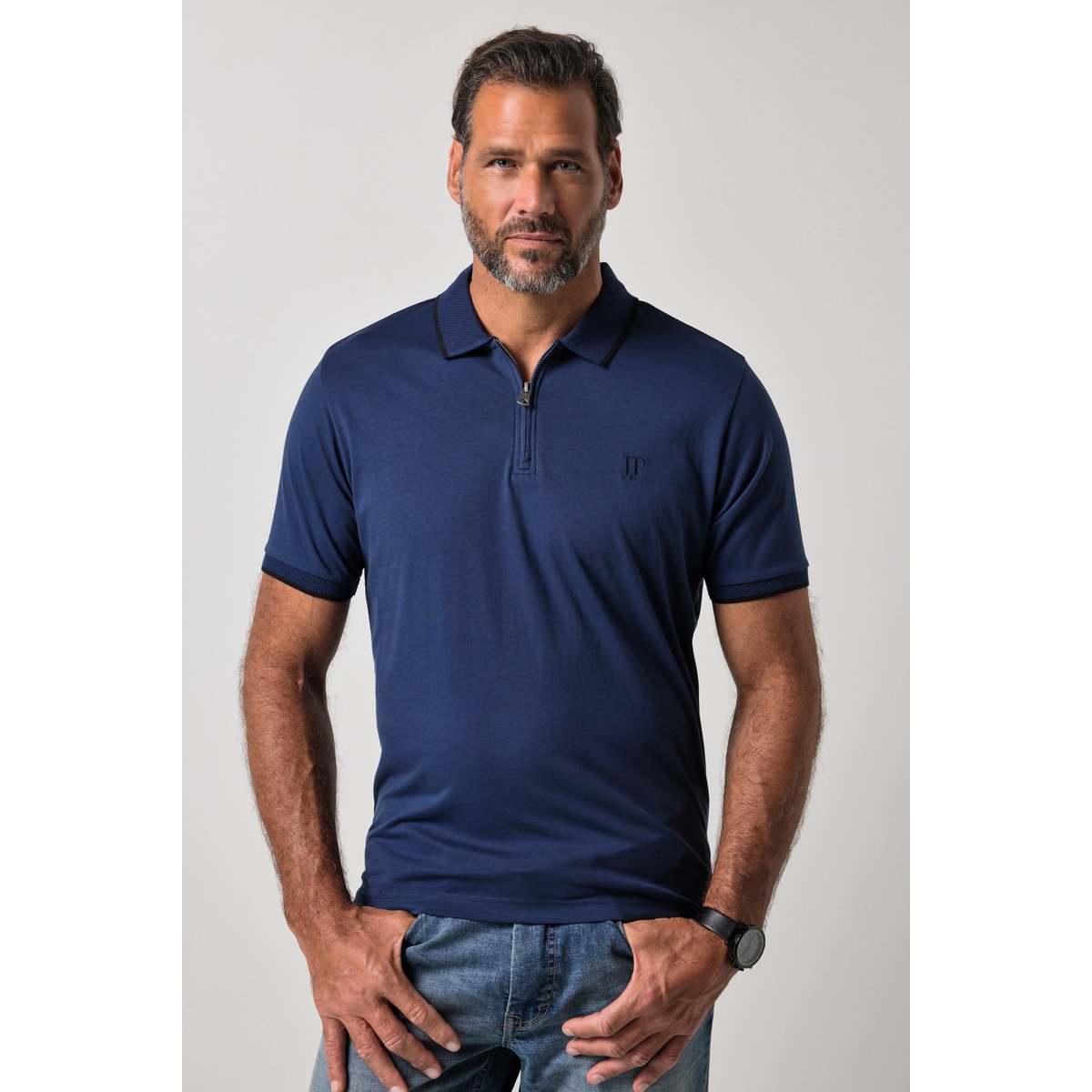 Polo manches courtes et fermeture zippée bleu nuit, JP1880