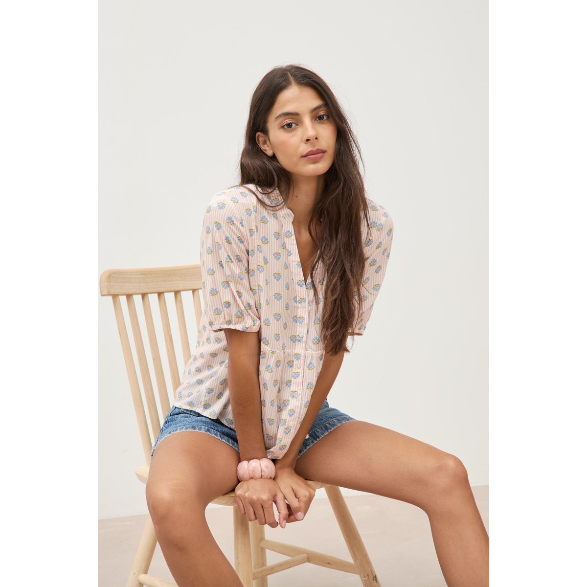 Chemise droite col v manches courtes rose, BONOBO