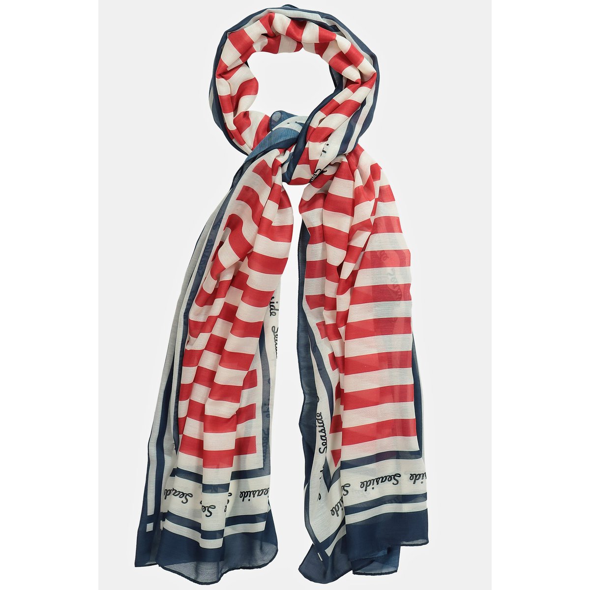 Écharpe, aspect maritime, rayures, pompons blanc cassé, ULLA POPKEN