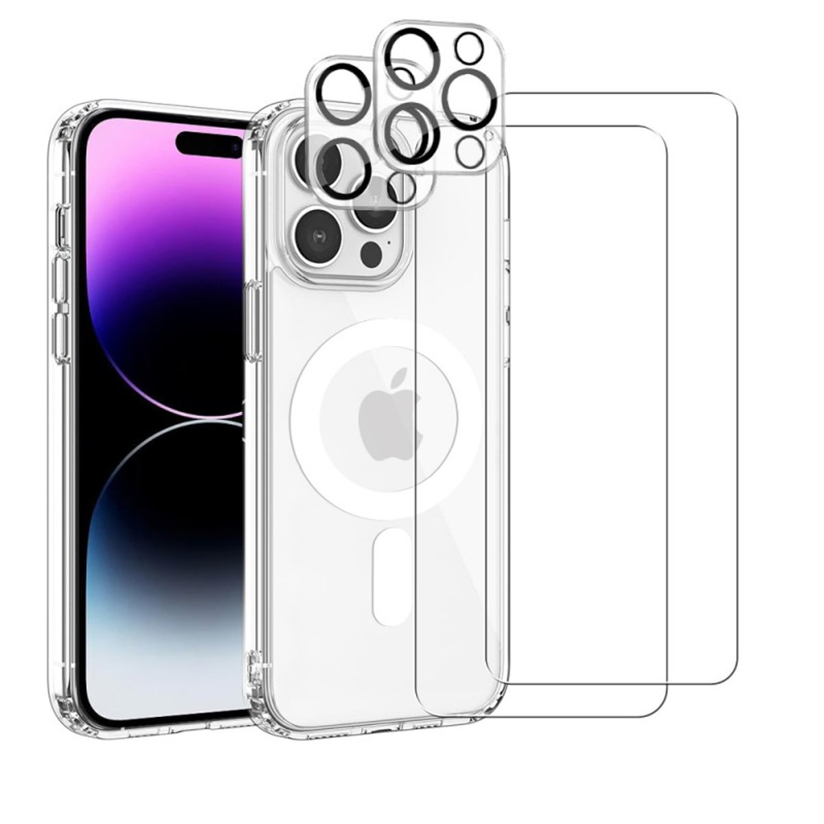 Coque Anti-choc compatible Magsafe pour iPhone 14 Pro Max Transparente + 2 protections écran et 2 protections objectif caméra transparent, EVETANE