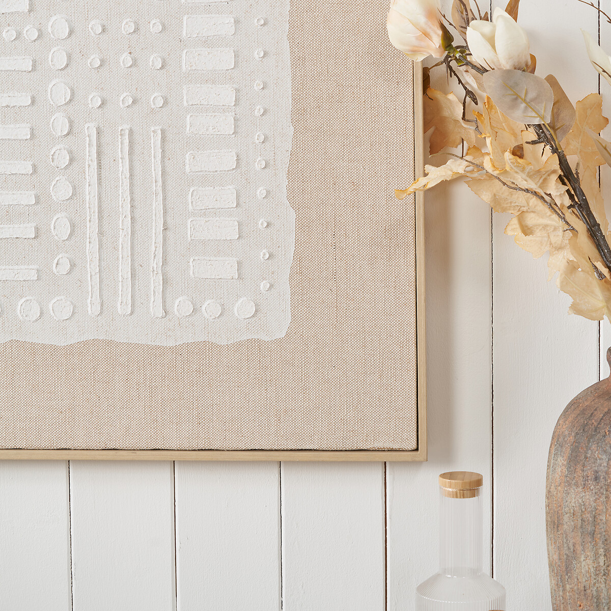 90x120cm White and Natural Abstract Design Linen Canvas with Elm Effect Frame white, ÉDITÉ